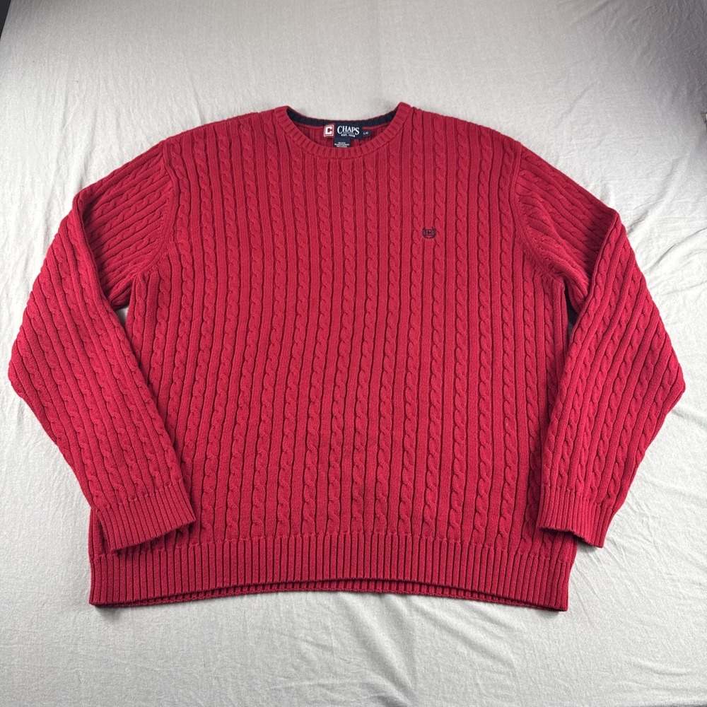 Chaps Cable Knit Fisherman Sweater Mens L Red Chunky Sweatshirt Crewneck Preppy